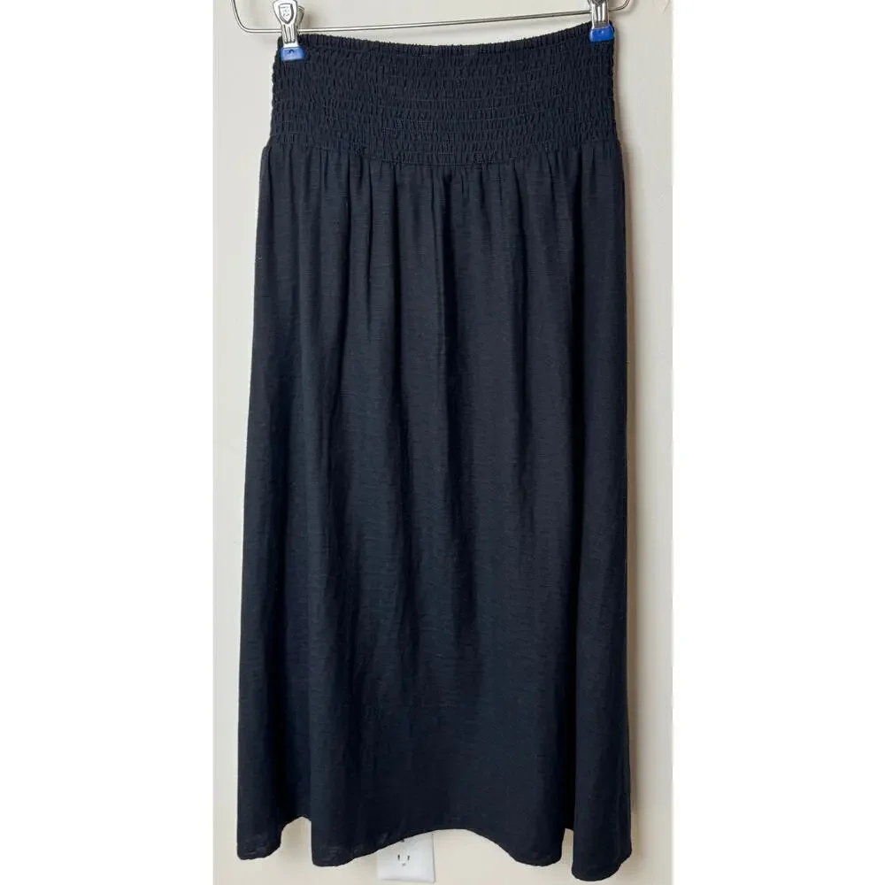 Fat face Sascha Black Midi Skirt With Linen size US 8R Fabric Tie Elastic Waist